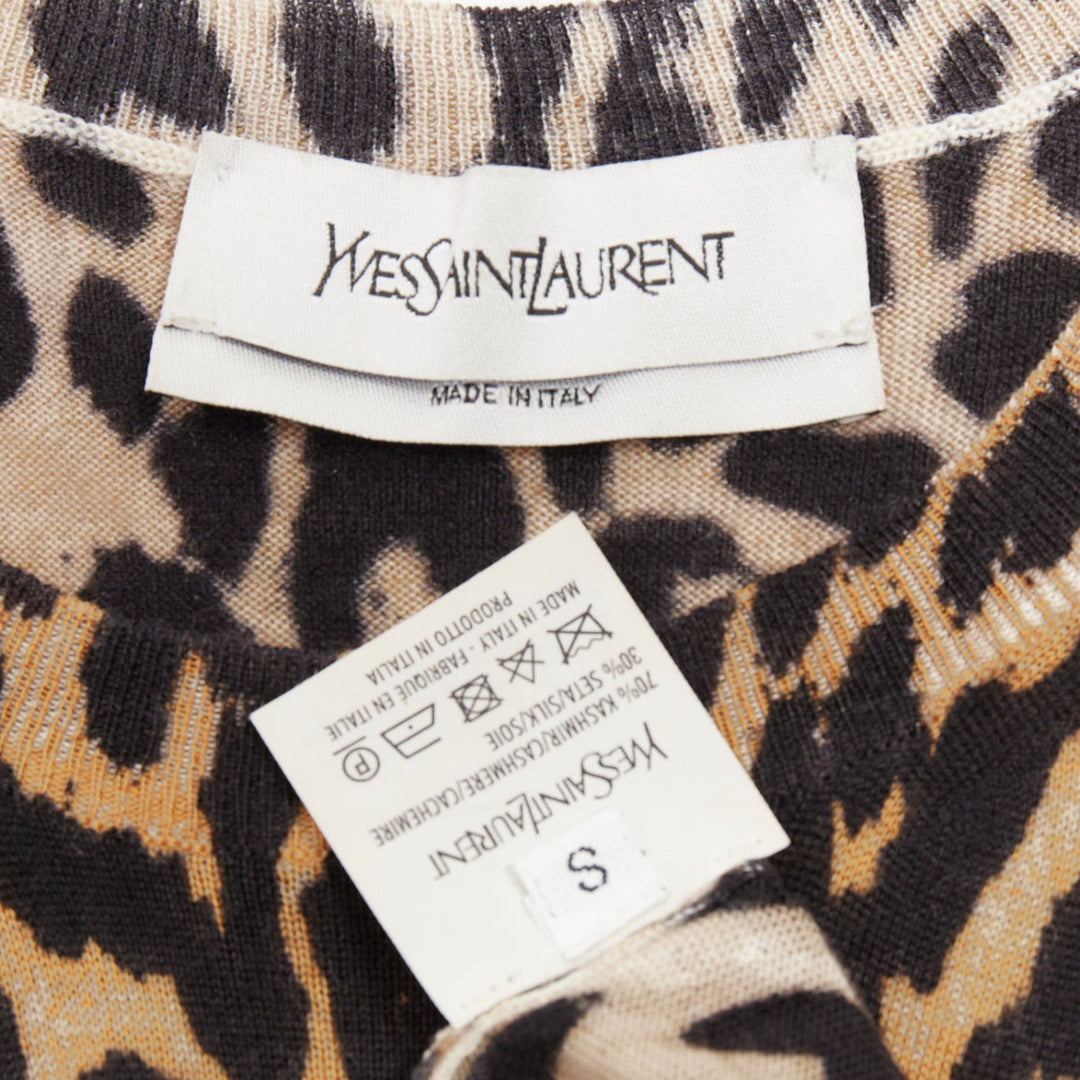 YVES SAINT LAURENT brown cashmere silk leopard logo crew knit sweater top S