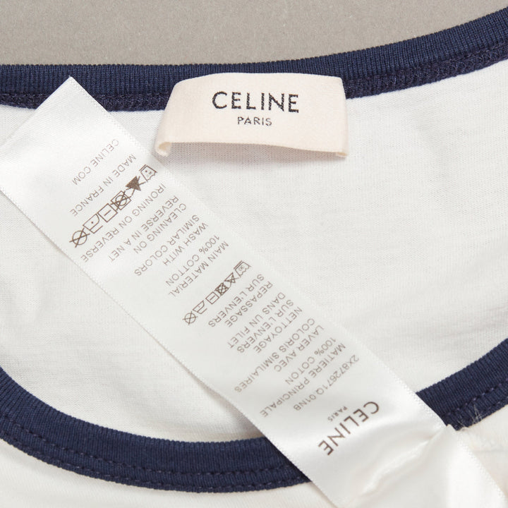 CELINE Triomphe cream navy cotton logo print crew neck ringer tshirt M