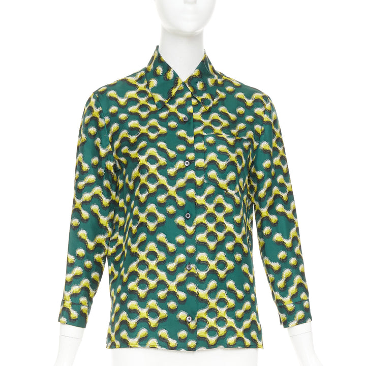 PRADA 2015 100% silk green yellow molecular geometric print shirt IT38 XS
