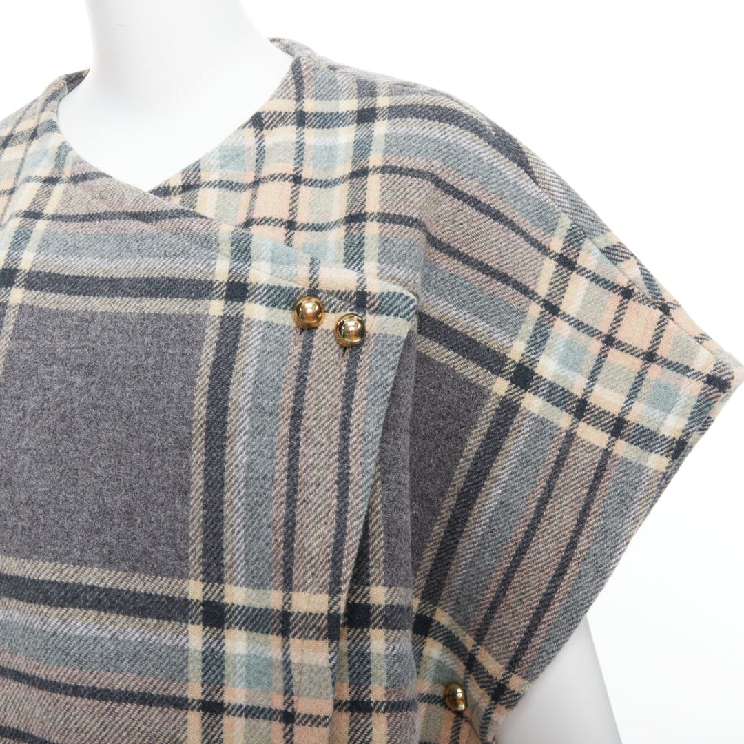 CHLOE grey pink virgin wool blend checked gold buttons cape top T3 XS