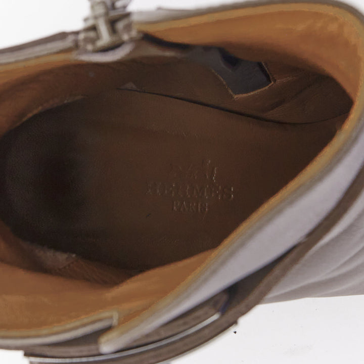 HERMES Joueuse Kelly Buckle grey etain silver turnlock heeled ankle boots