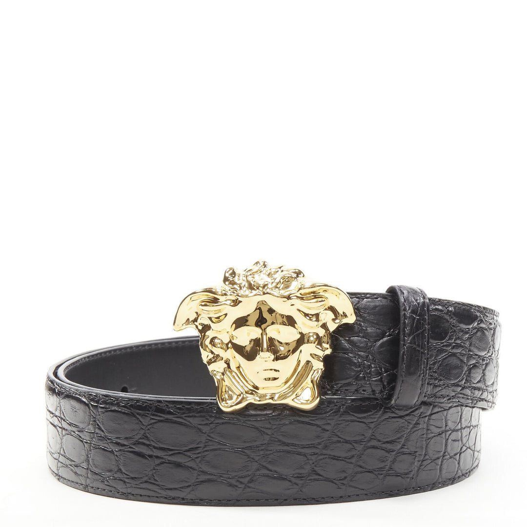 VERSACE $1200 La Medusa gold buckle black scaled leather belt 110cm 42-46"