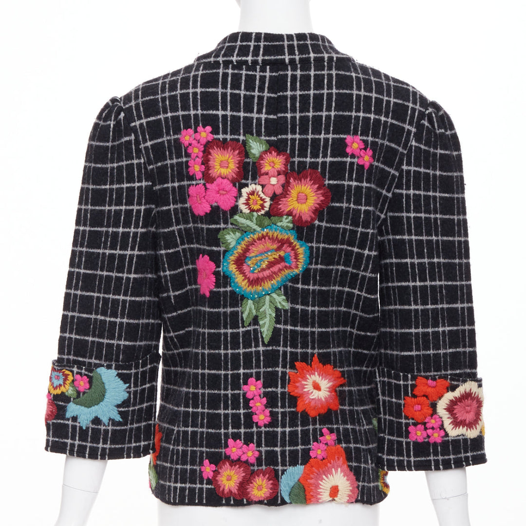 KENZO 2008 Vintage black white grid check wool floral embroidered jacket L