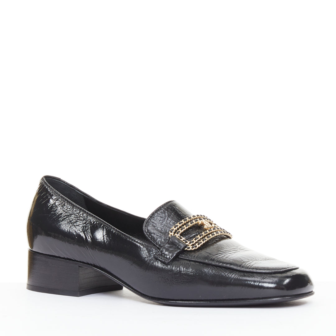 CHANEL 2025 black textured calfski gold CC chain link mocassin loafer shoes EU37