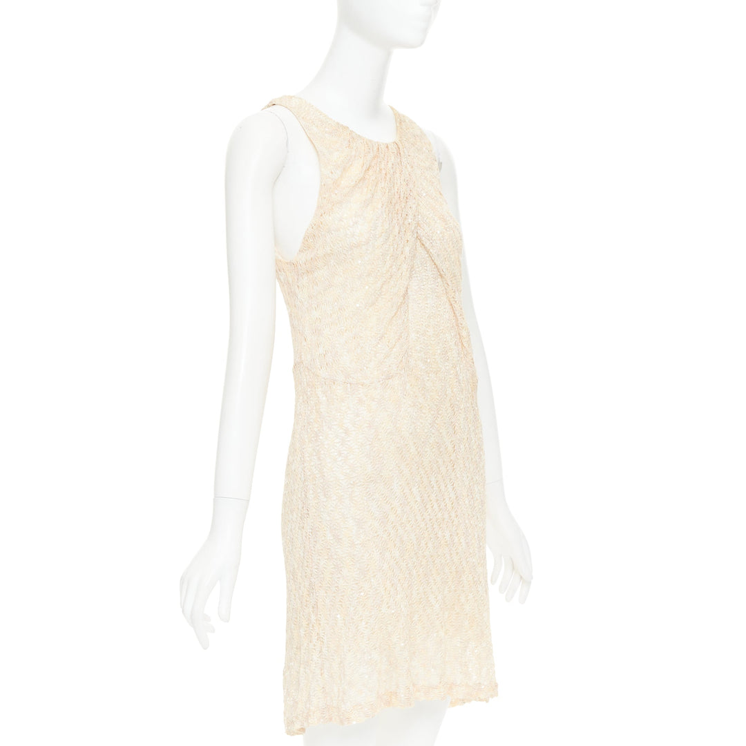MISSONI cream sequin embellished loose knit pleated neck mini dress IT44 L