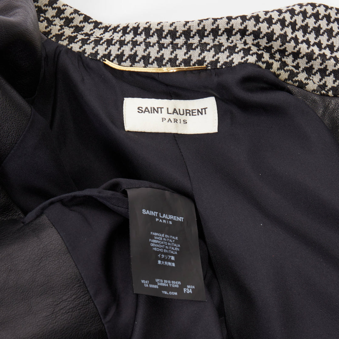 SAINT LAURENT 2013 leather peak lapel grey black houndstooth blazer FR34 XS
