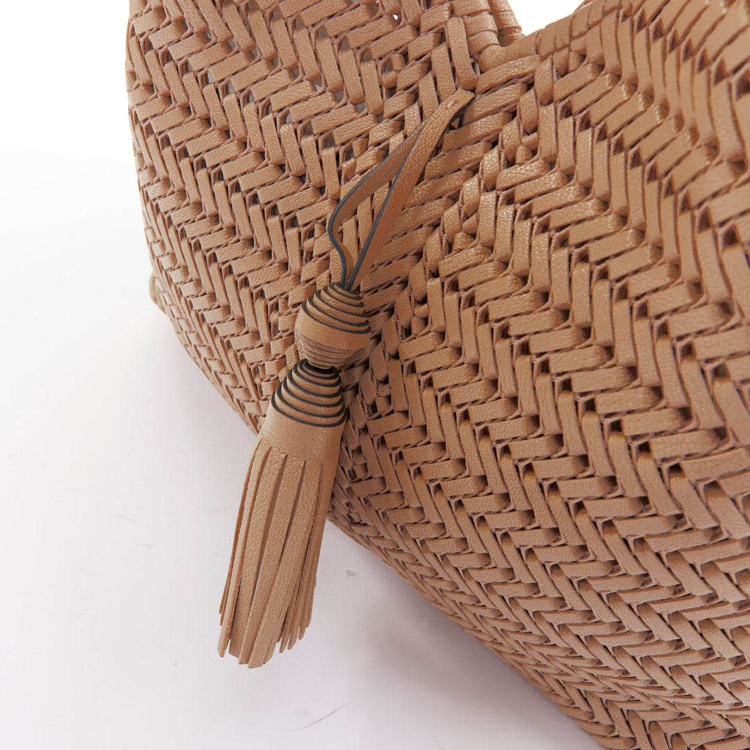 ANYA HINDMARCH Neeson Tassel Hobo beige capra leather fringe woven bag