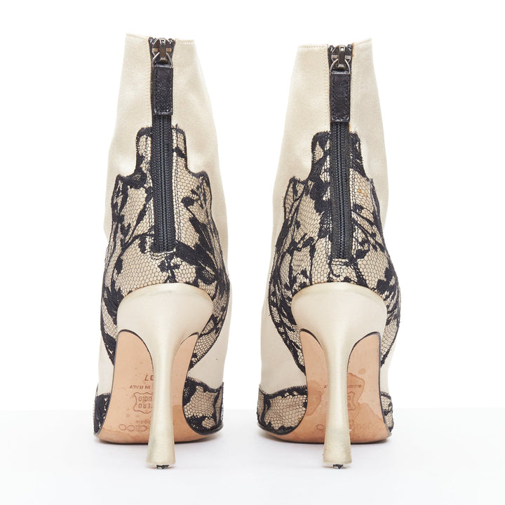 JIMMY CHOO Bridal beige satin black lace trim point toes heel ankle booties EU37