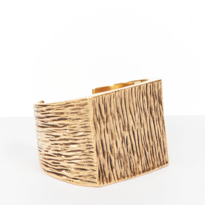 SAINT LAURENT aged gold tone bark wood textured square cuff bangle manchette