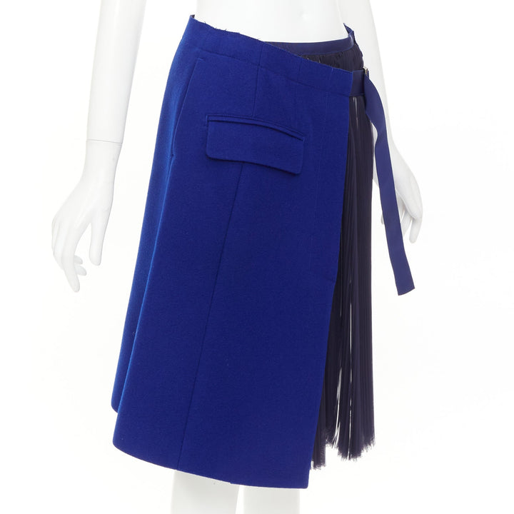 SACAI 2014 Double Skirt Hybrid cobalt wool navy pleated sheer wrap skirt JP1 S