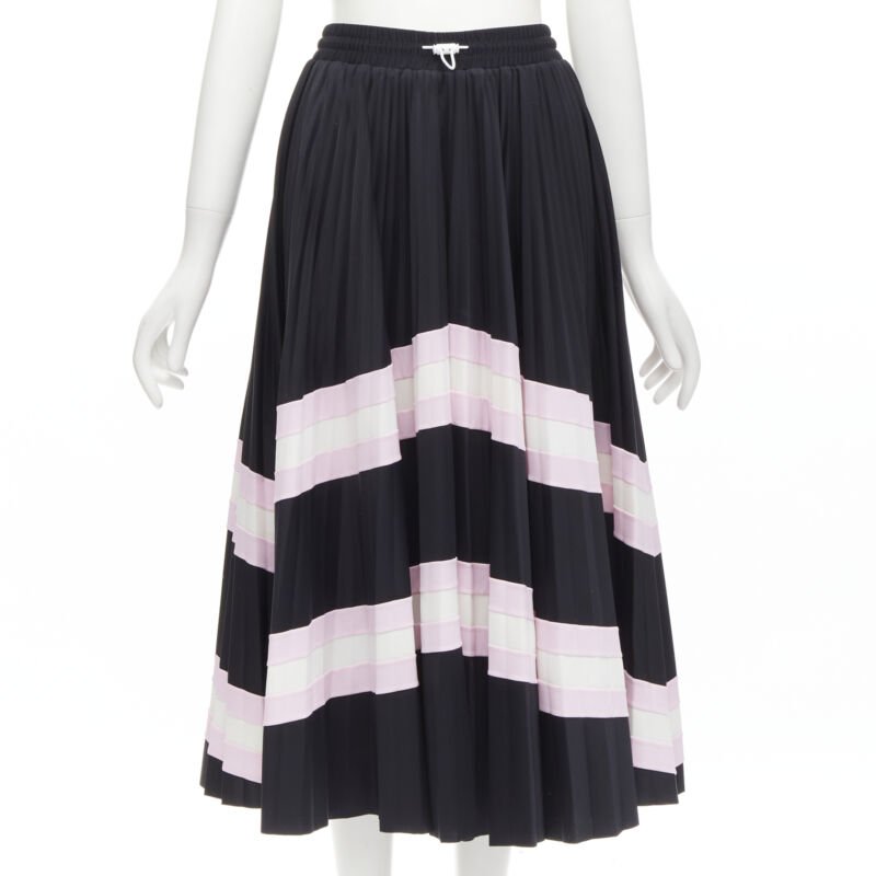 VALENTINO black pink stripes patchwork pleated toggle pleated midi skirt XS