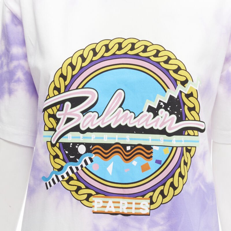 BALMAIN cotton purple tie dye Depuis 1945 logo 80's retro crew neck tshirt XXS