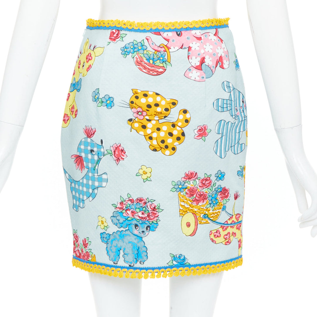 MOSCHINO 2022 Runway Calico Animals Piquet Nursery blue mini skirt IT38 XS