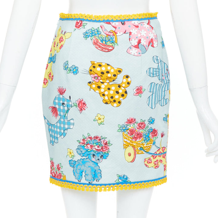 MOSCHINO 2022 Runway Calico Animals Piquet Nursery blue mini skirt IT38 XS