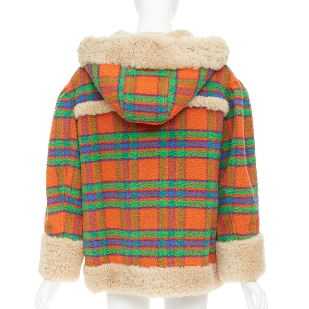 MIU MIU 2020 Plaid Casentino Shearling orange green fur trim boxy jacket IT38 XS