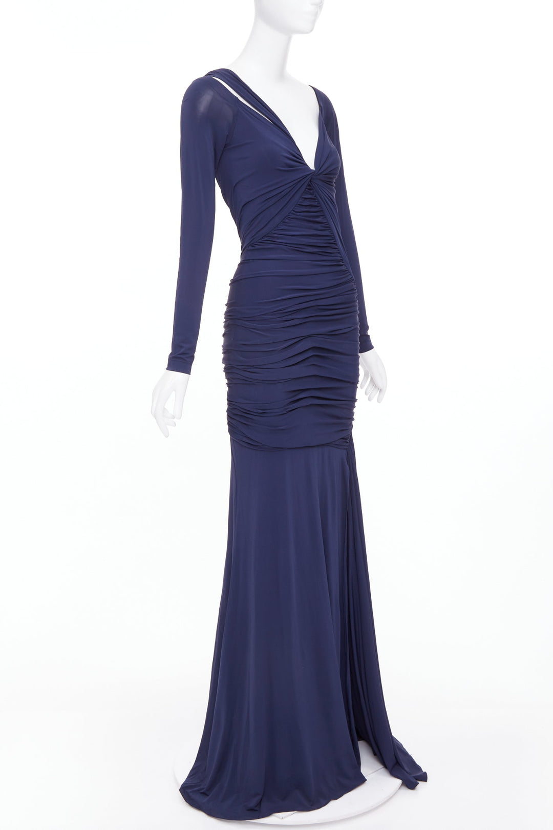 DONNA KARAN navy cold shoulder lunge neck draped grecian gown dress L