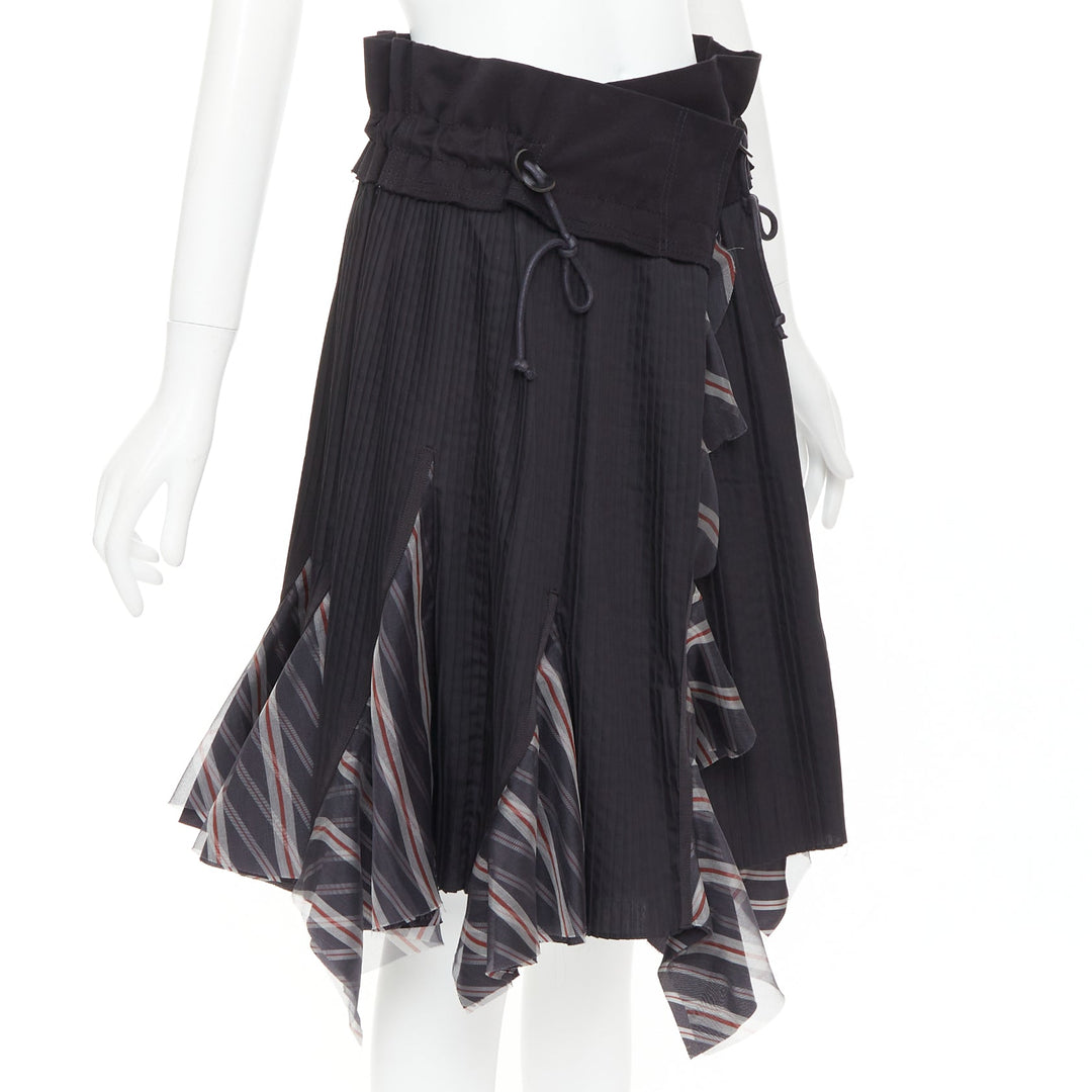 SACAI 2017 black plisse cowhide trim striped flare wrap knee skirt JP1 S