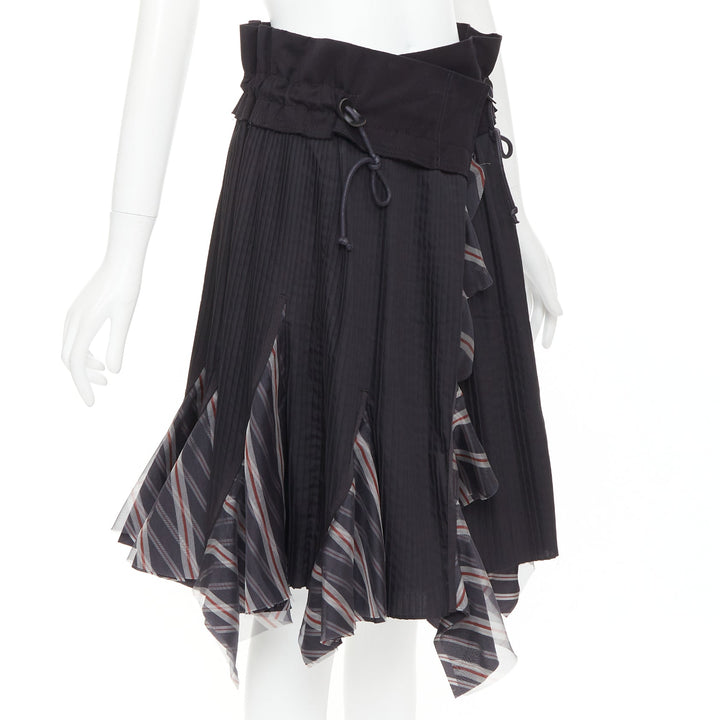SACAI 2017 black plisse cowhide trim striped flare wrap knee skirt JP1 S