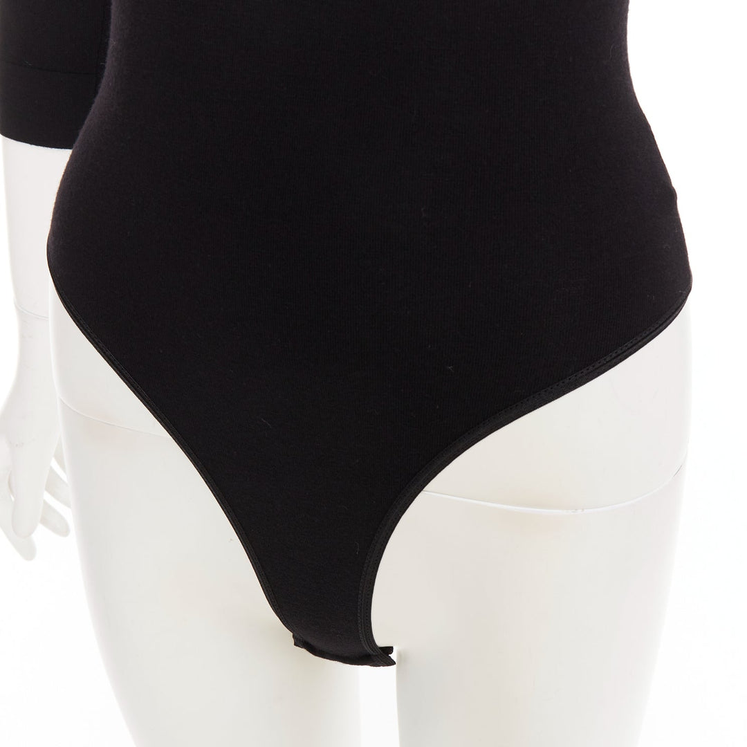 ALAIA black virgin wool blend V-neck bodysuit sweater leotard top FR36 S