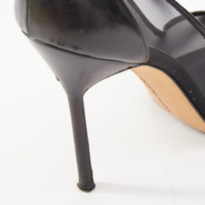 MANOLO BLAHNIK Capcour 90 black sheer mesh leather cap toe stiletto pumps EU37