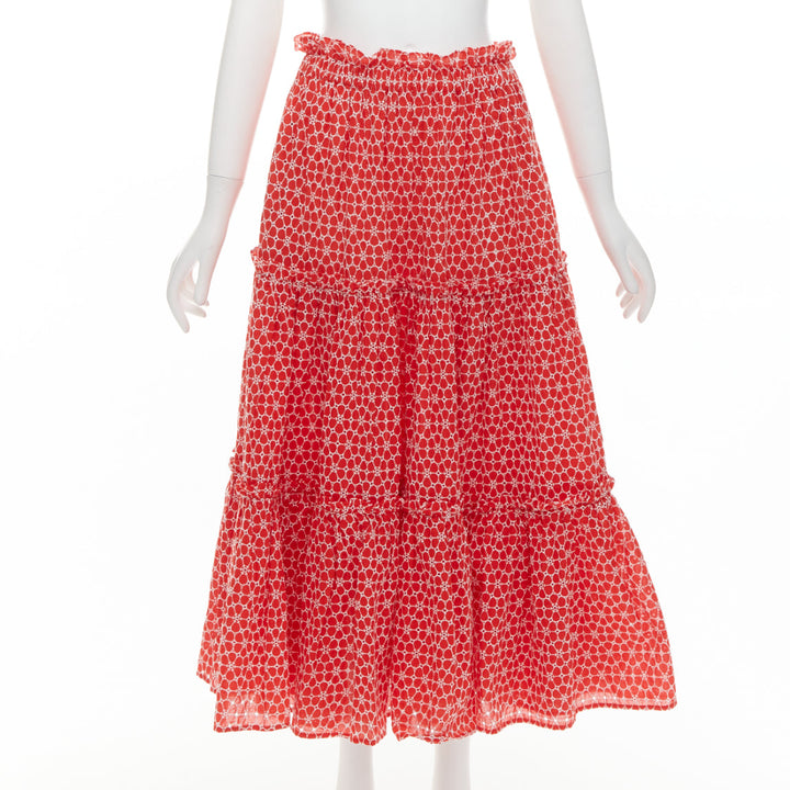 LISA MARIE FERNANDEZ red cotton white embroidery eyelet ruffle midi skirt US2 S