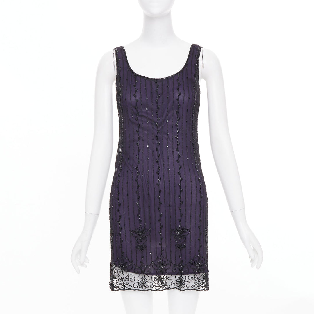 LAUNDRY BY SHELLI SEGAL Vintage purple embroidered beaded shell dress P