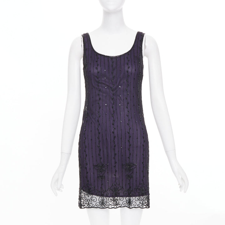 LAUNDRY BY SHELLI SEGAL Vintage purple embroidered beaded shell dress P