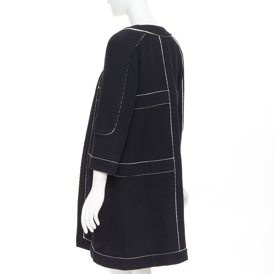 CHANEL 2015 Runway black cotton diagonal corded contrast satin piped coat FR36 S
