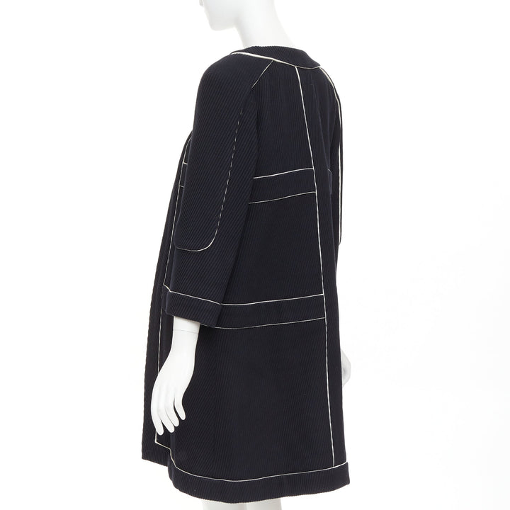 CHANEL 2015 Runway black cotton diagonal corded contrast satin piped coat FR36 S