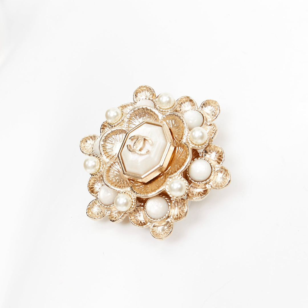 CHANEL B16C gold tone CC faux pearl embellished floral octogon medallion brooch