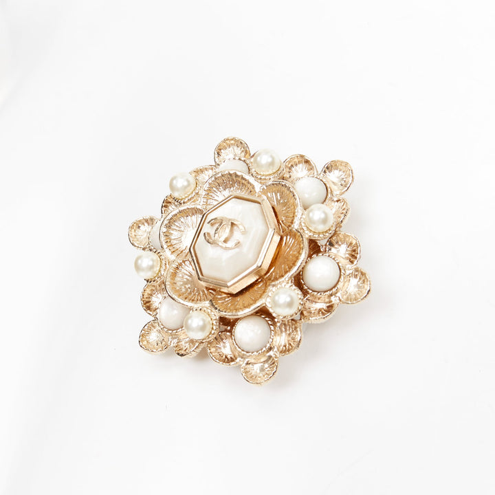 CHANEL B16C gold tone CC faux pearl embellished floral octogon medallion brooch