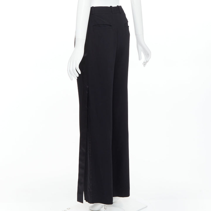 GIVENCHY black silk ribbon fringe trim wide leg trousers
