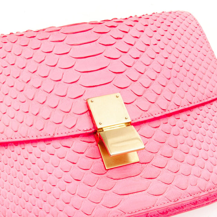 OLD CELINE Medium Classic Box Bag neon pink scaled leather flap crossbody