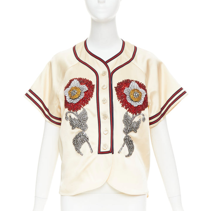 rare GUCCI 2016 Runway Crystal Rhinestone flower Loved baseball shirt IT38 XS