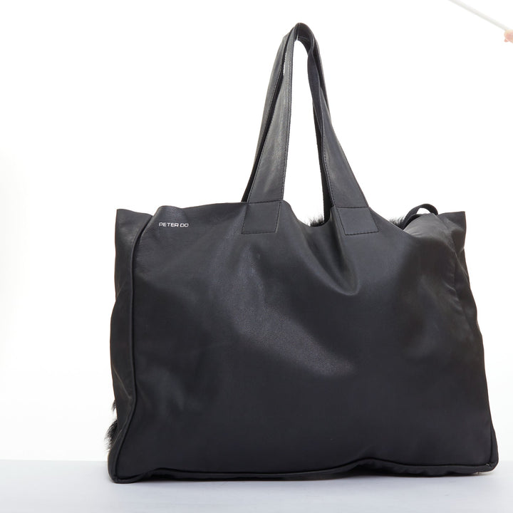 PETER DO black shearling fur supple soft leather white logo shoulder tote bag