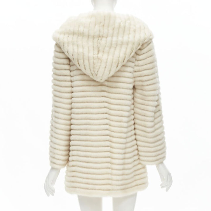 MARCO VANOLI cream tulle fur stripes buttoned asymmetric hooded jacket IT40 S