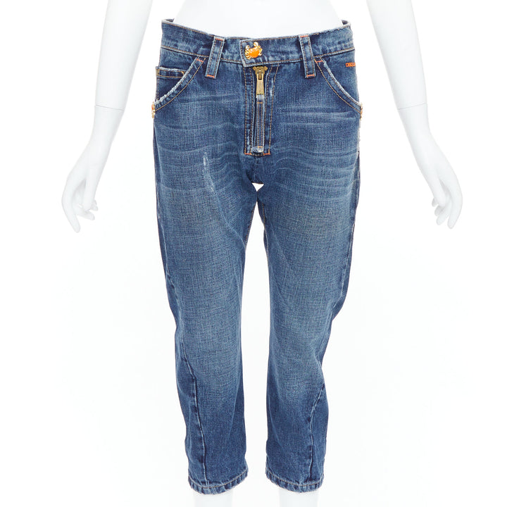 DSQUARED2 Vintage orange crab button logo blue denim cropped jeans IT38 XS