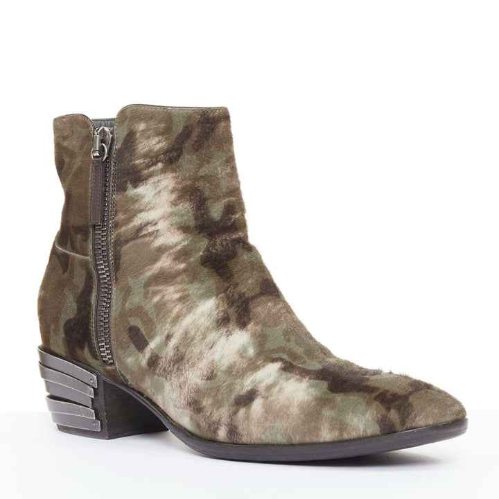 GIUSEPPE ZANOTTI navy green camouflage ponyhair metal tiered heel boots EU43