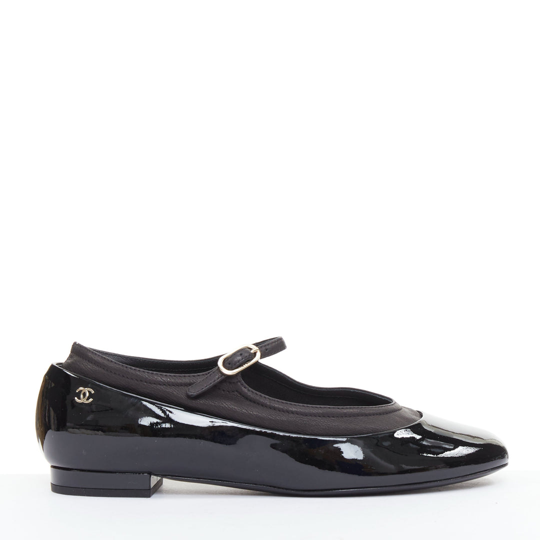 CHANEL 16P G31741 black patent leather silver CC logo mary jane flats EU38