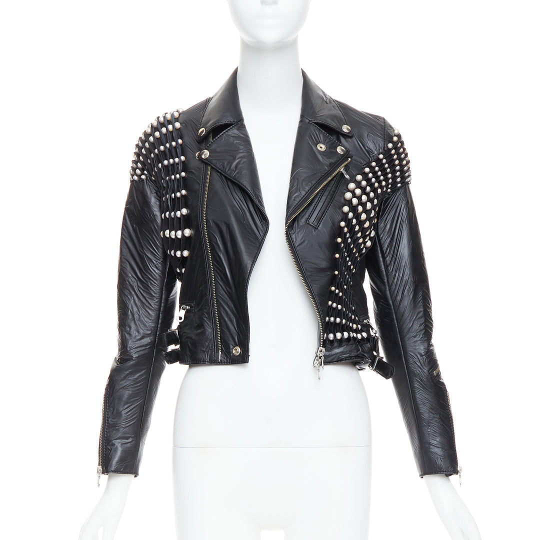 NOIR KEI NINOMIYA 2014 black faux leather pearl bead cropped jacket S