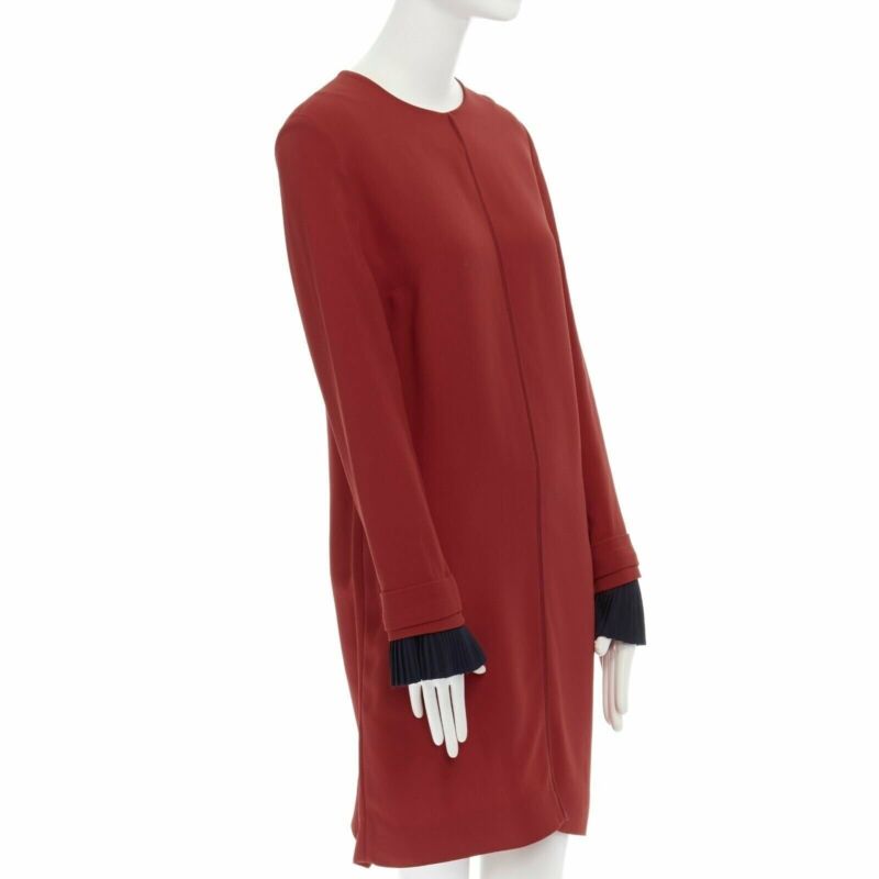 VVB VICTORIA BECKHAM red crepe navy pleated cuff long sleeves dress UK10 M