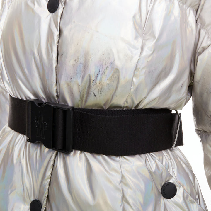 MONCLER Ollignan holographic silver duo collar belted puffer ski  jacket Sz.0 XS