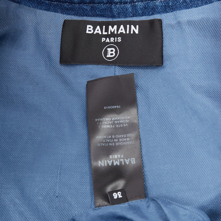 BALMAIN blue washed cotton denim silver crystal embellished trim jacket FR36 S