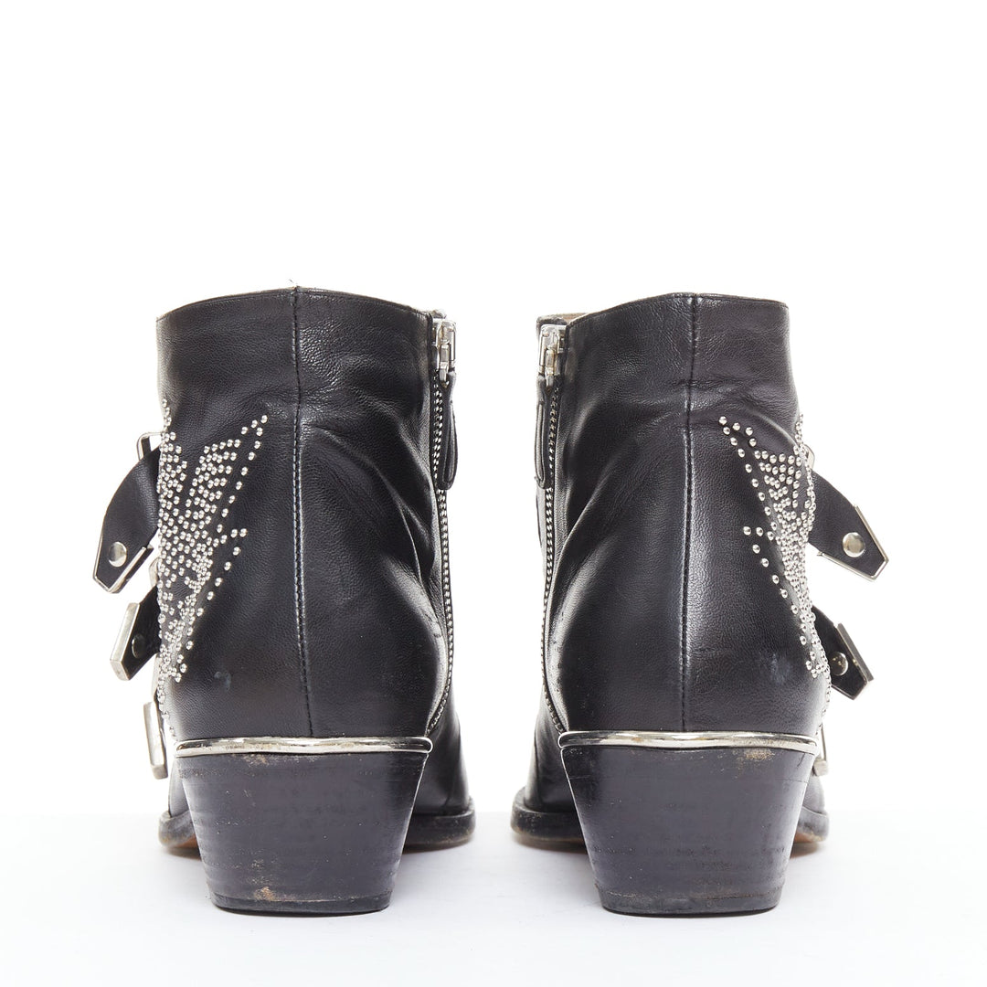 CHLOE Susanna black leather silver studded buckles rock grunge boots EU39