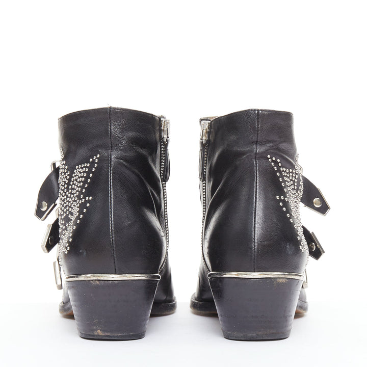 CHLOE Susanna black leather silver studded buckles rock grunge boots EU39