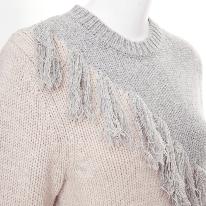 JW ANDERSON grey beige wool cashmere tassel trim asymmetric split  sweater XS