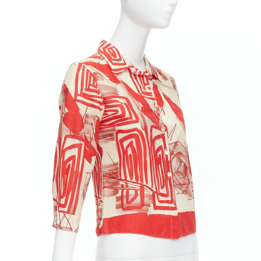 MARNI red beige 100% cotton abstract floral print crop shirt IT38 XS
