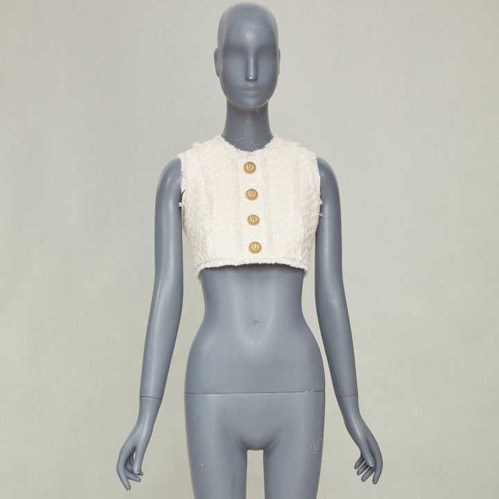 BALMAIN 2023 fringe tweed lion button sleeveless crop cropped gilet vest FR36 S