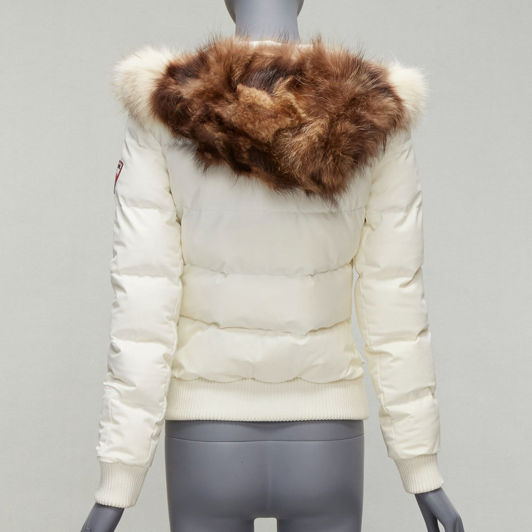 ROSSIGNOL ivory fur trim hood logo hooded down puffer jacket IT38 XS