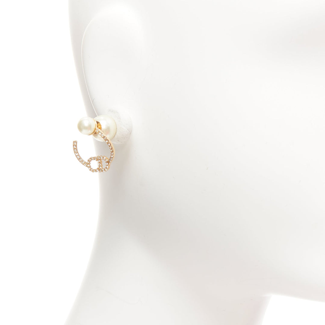 DIOR Tribales gold metal crystal pave CD orbital faux pearl pin earrings pair